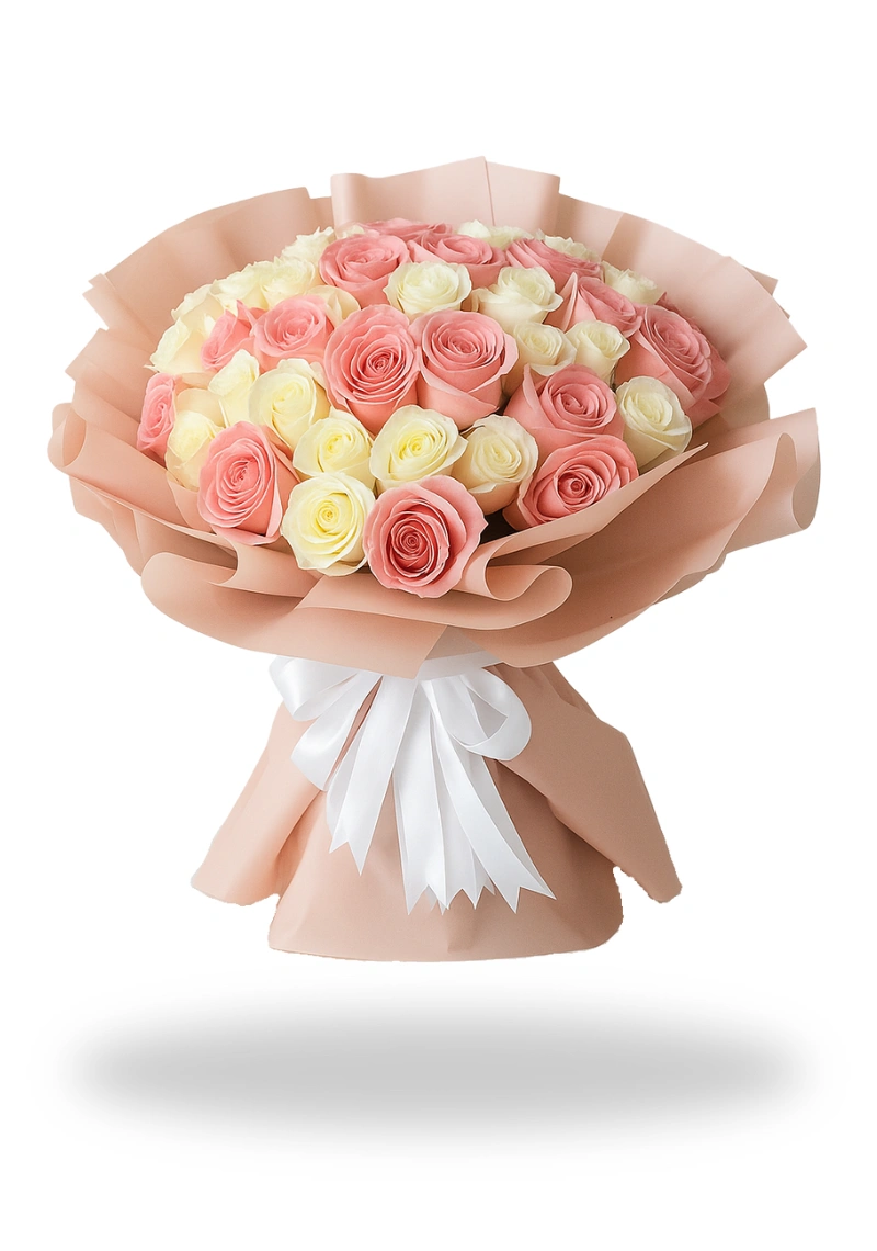 Elegant 50 Pink & White Rose Bouquet by onlineflowershop.ae